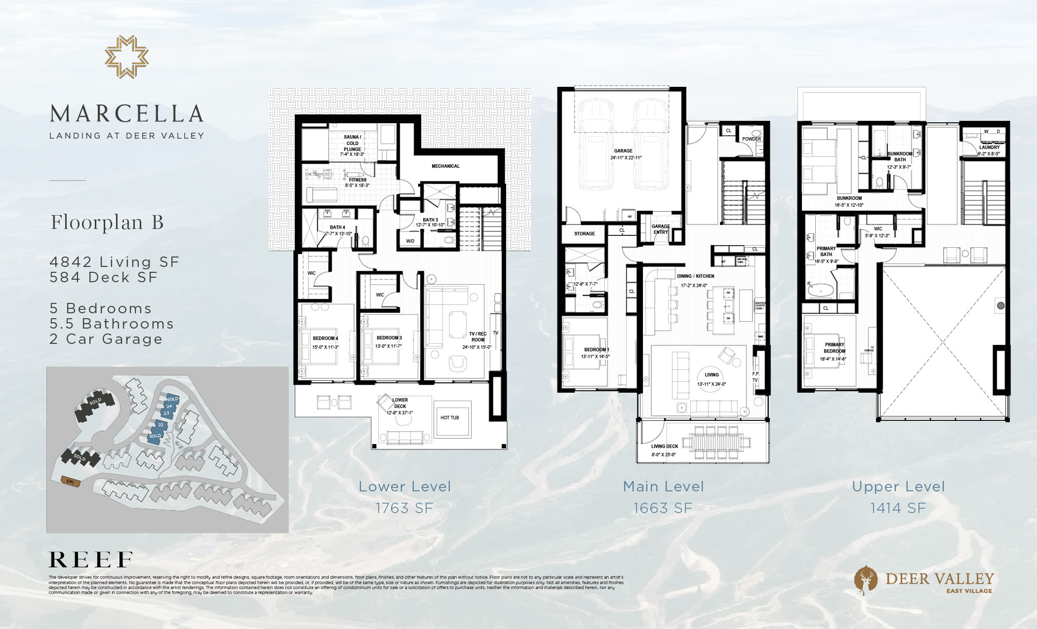 Floorplan B — multi-level diagram showing room layout, square footage per level, and Marcella Landing site plan