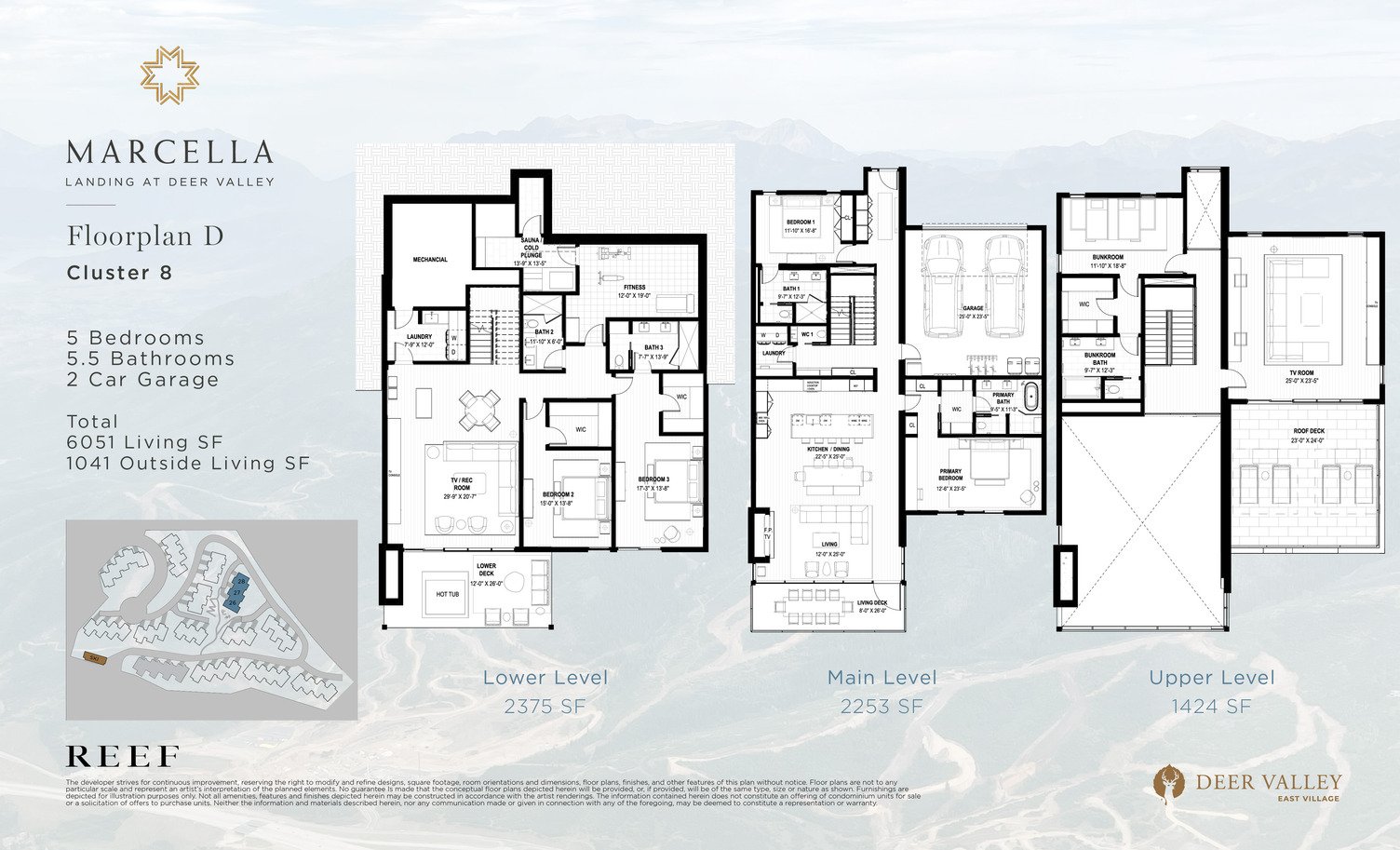 Floorplan D — multi-level diagram showing room layout, square footage per level, and Marcella Landing site plan