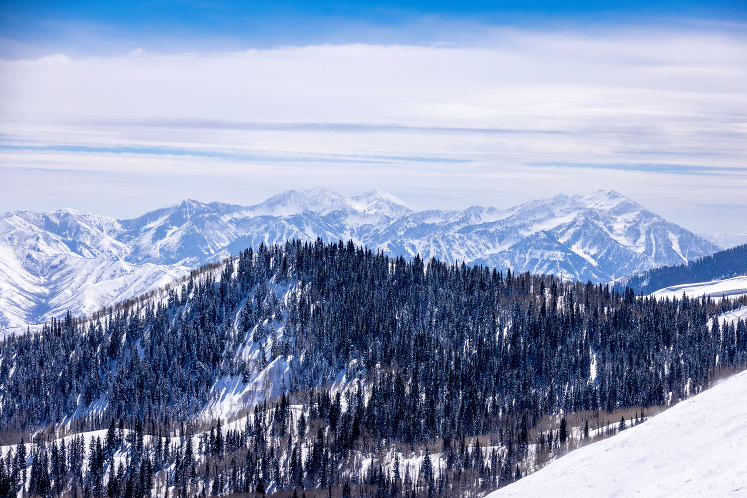 Deer Valley winter panorama — snowy Wasatch peaks