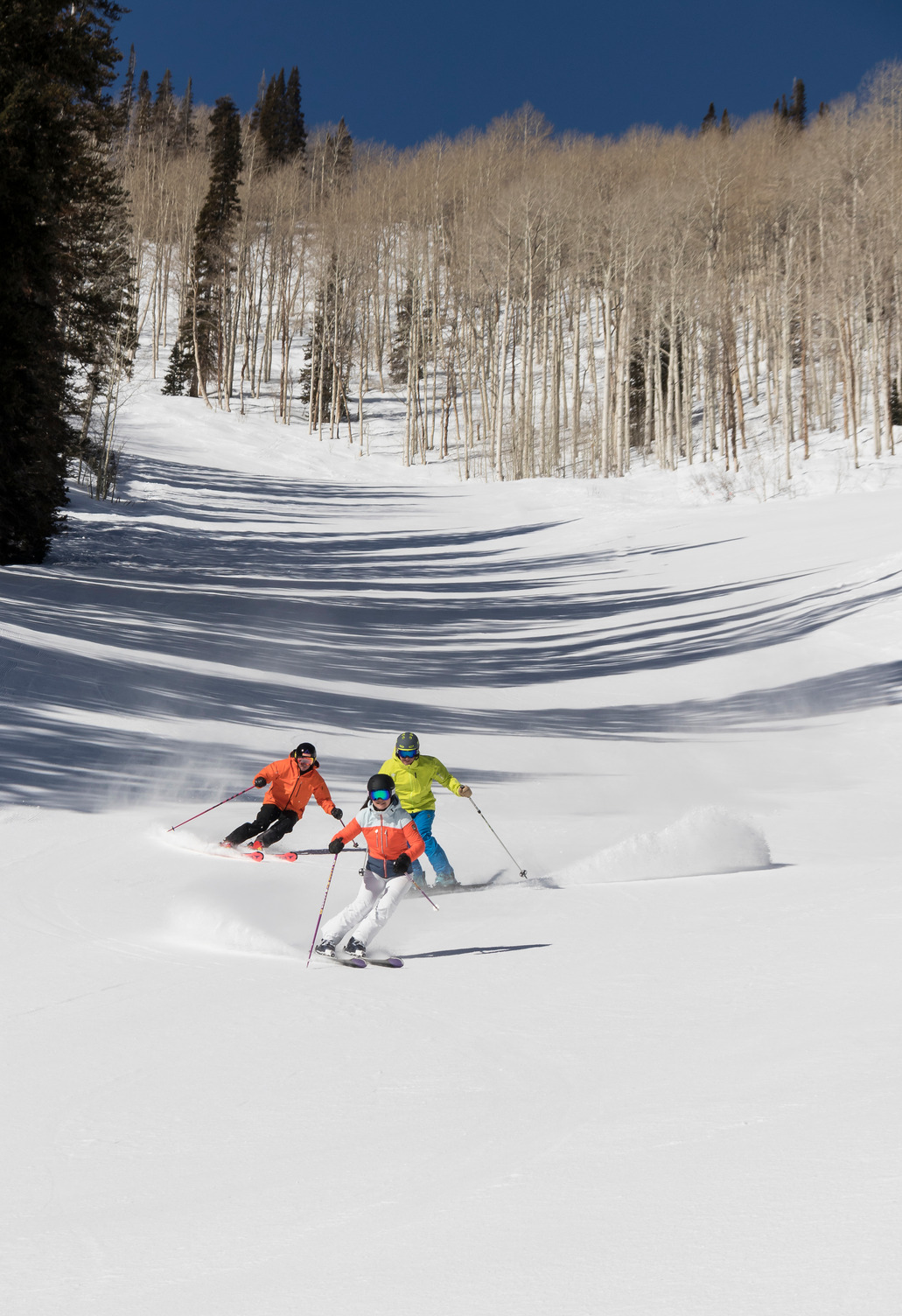 Skiers on a Deer Valley groomed run