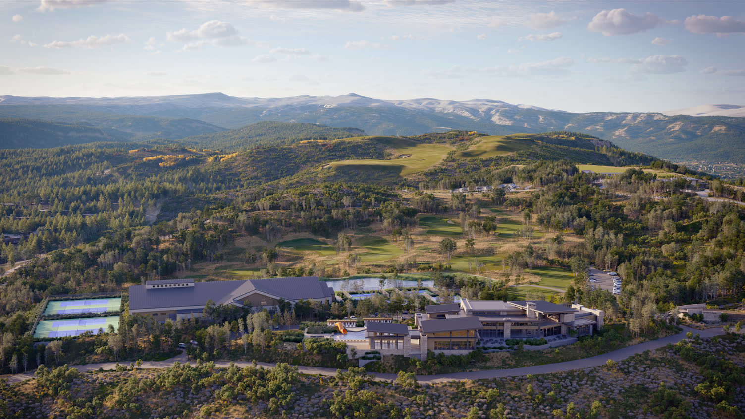 Jordanelle Ridge Clubhouse aerial — racquet courts, pool, and golf beyond