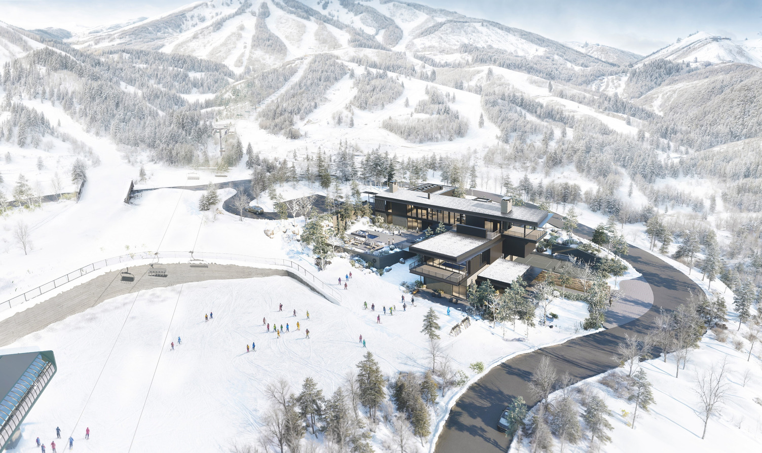The Lodge — aerial winter rendering above the East Village ski runs